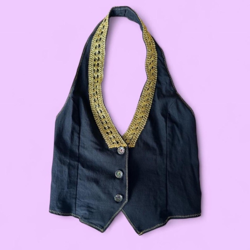 Vintage Glam Black Halter Vest with Gold Trim and Shirred Back Band #party